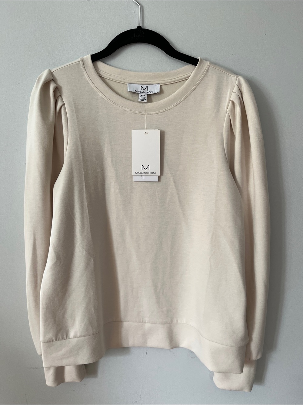 Magaschoni Modal Long Puff-Sleeve Crewneck Sweatshirt in Cream Size M